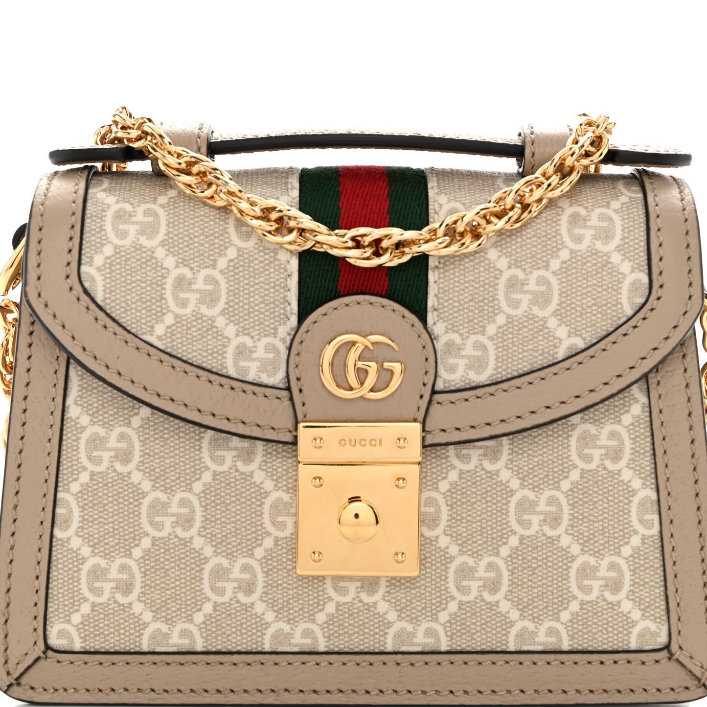 GG Supreme Monogram Textured Dollar Calfskin Web Mini Ophidia Padlock Top Handle Chain Shoulder Bag Beige Mystic White Oatmeal