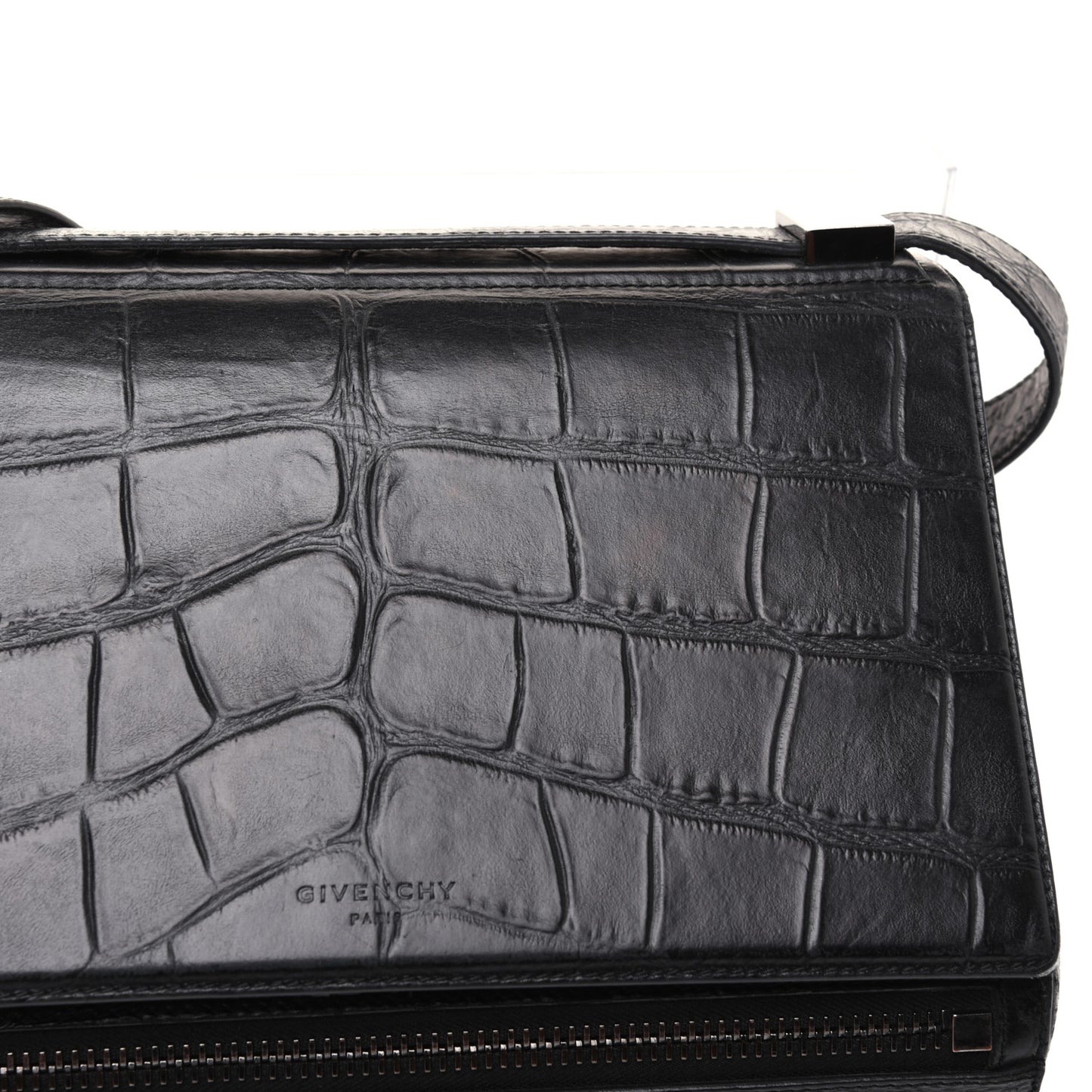Calfskin Crocodile Embossed Medium Pandora Box Crossbody Bag Black