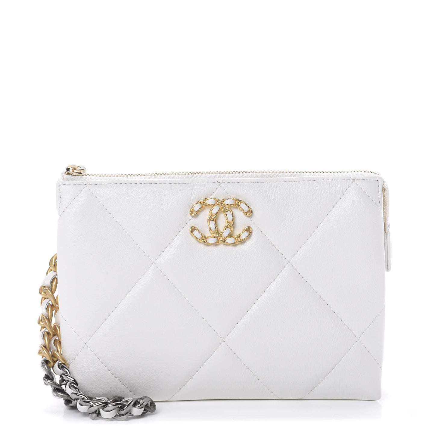 Shiny Goatskin Quilted 19 Small Pouch With Handle White
