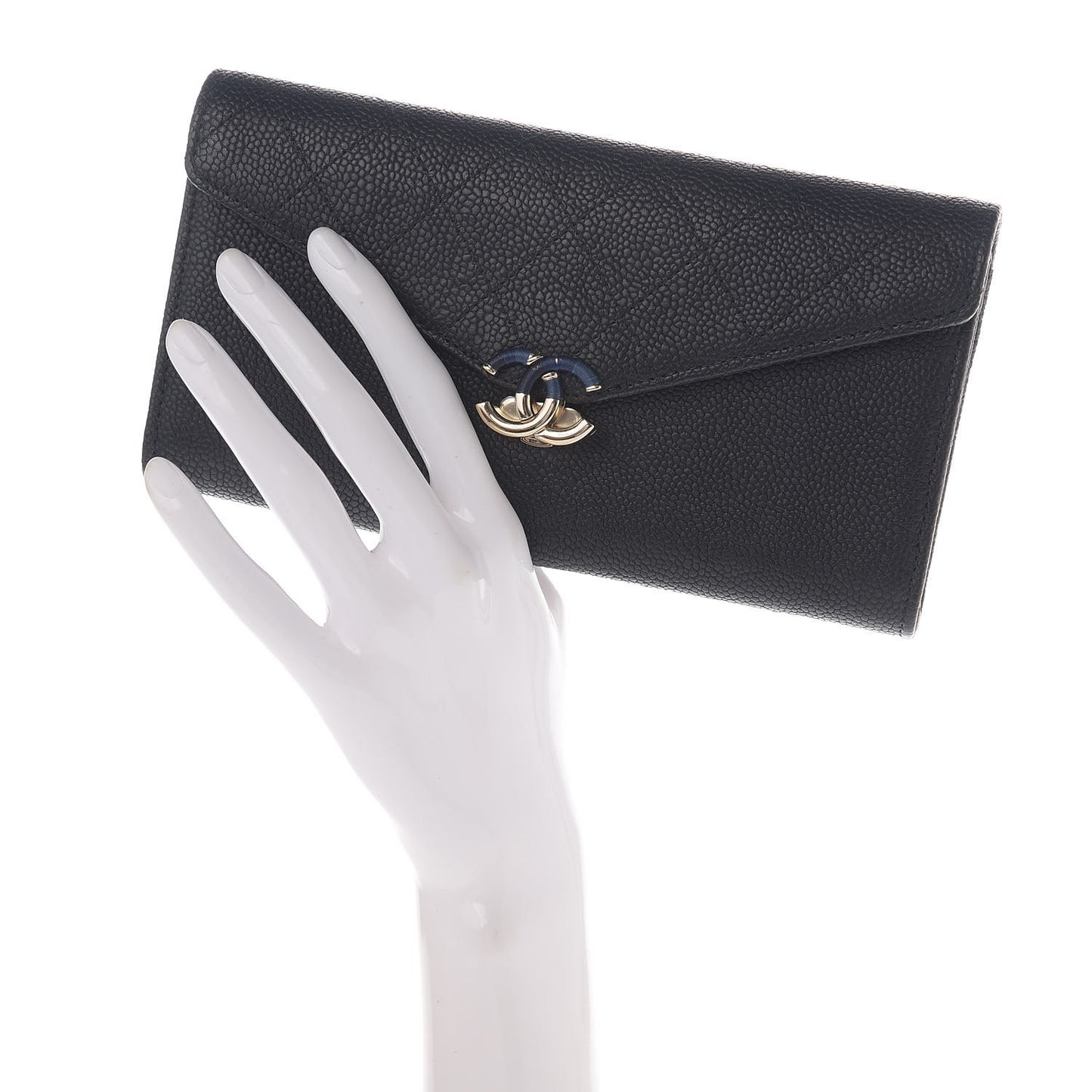 Caviar Quilted CC Box Gusset Flap Wallet Black Navy