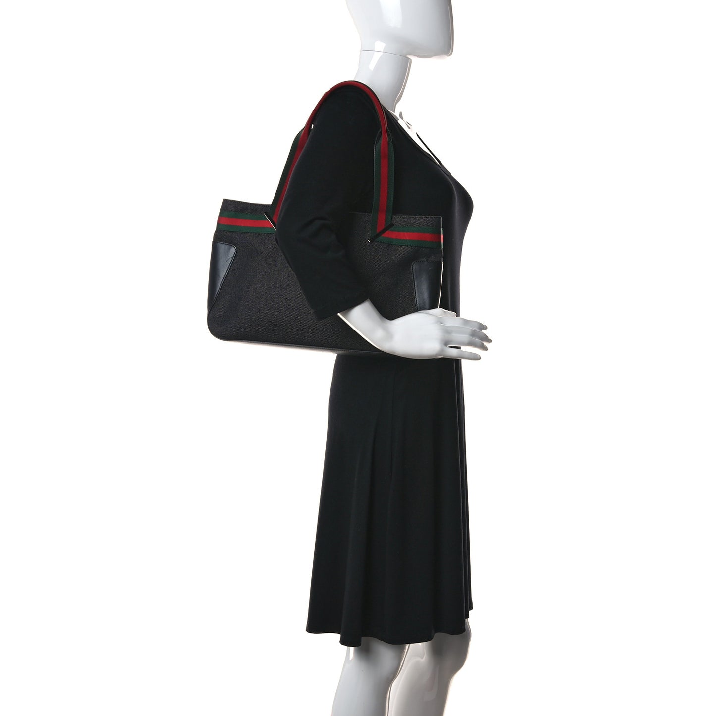 Denim Calfskin Web Tote Black