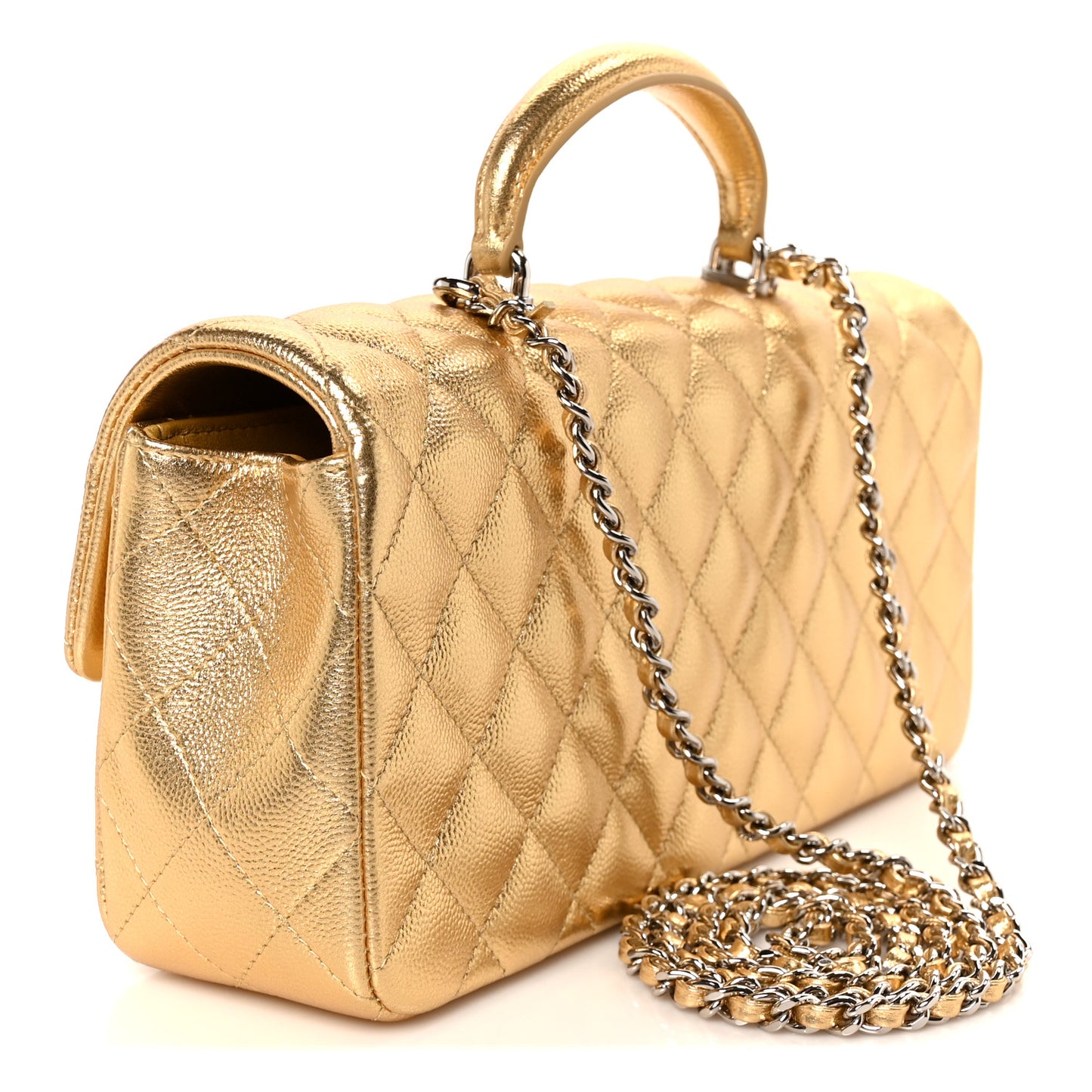 Metallic Caviar Quilted Top Handle East West Flap Gold