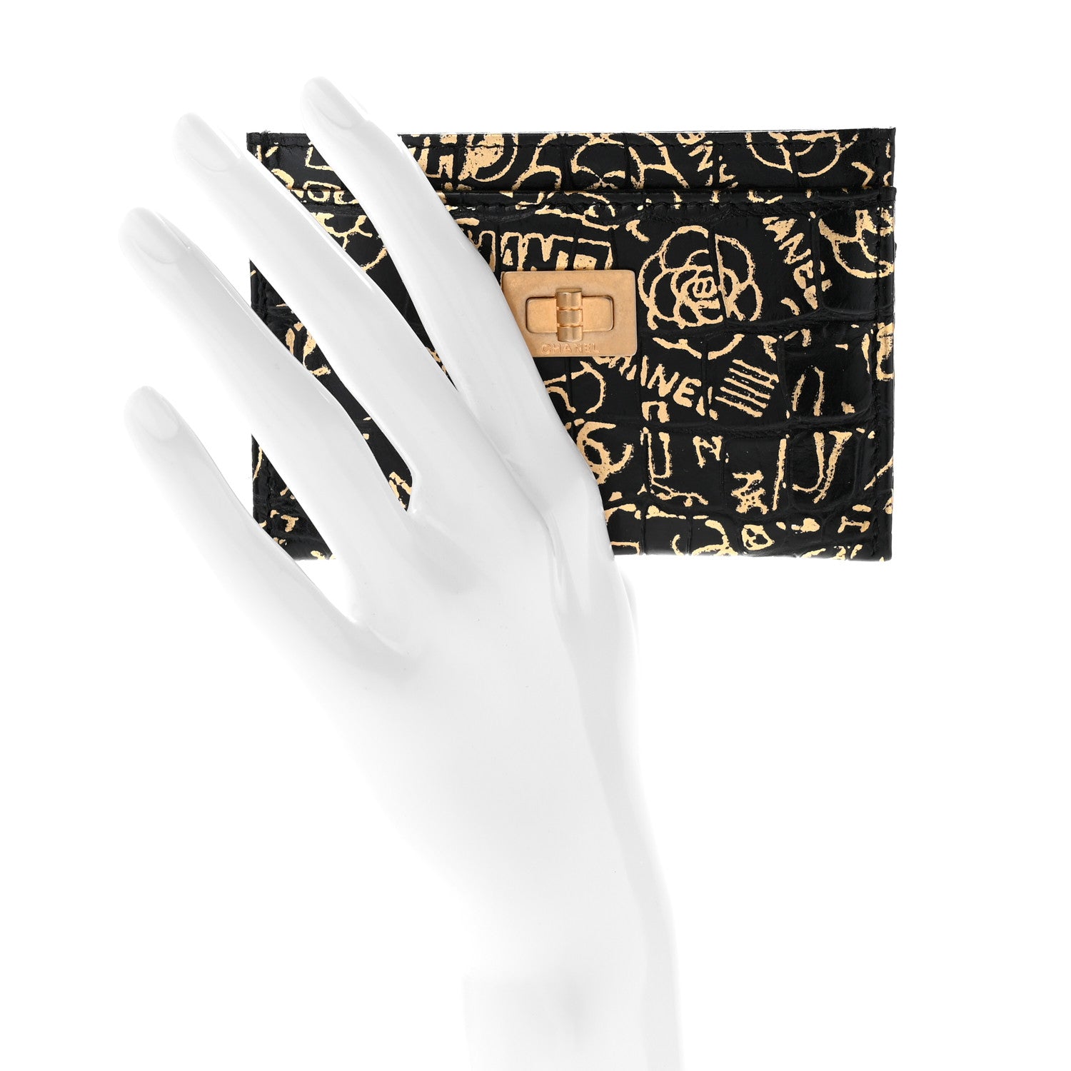 Chanel Calfskin Crocodile Embossed Graffiti 2.55 Cocodile Reissue Card Holder Black Gold 2 of 9
