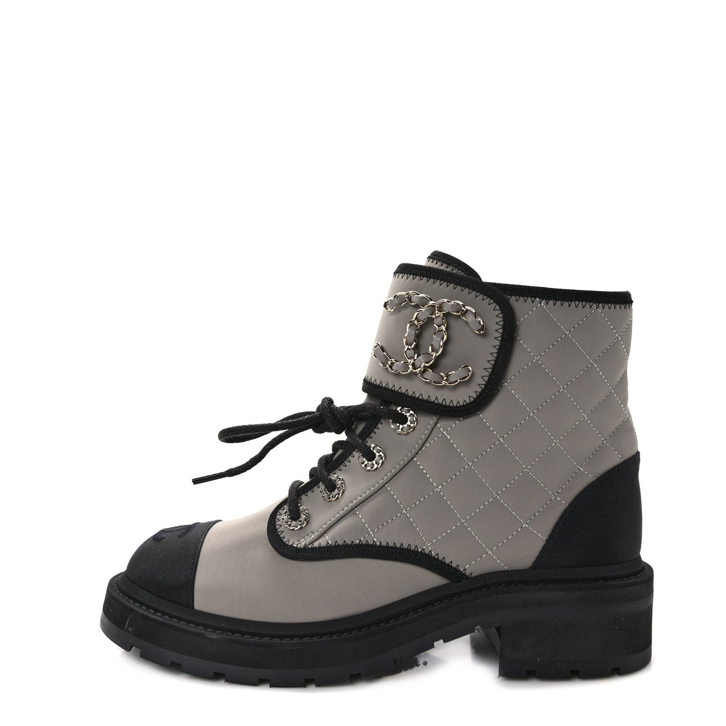 Fabric Grosgrain Quilted Cap Toe Lace Up Combat Boots 38 Gray