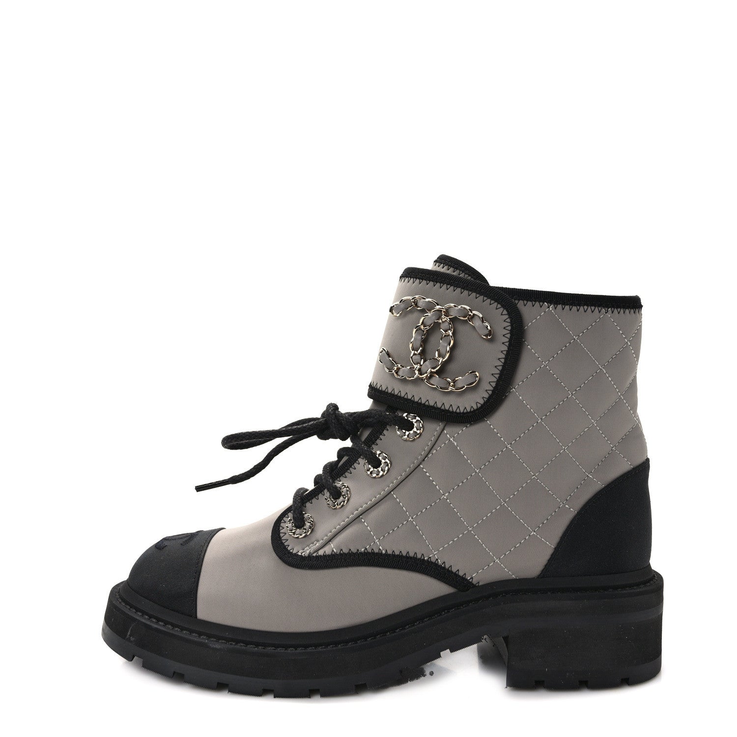 Chanel Fabric Grosgrain Quilted Cap Toe Lace Up Combat Boots 38 Gray 1 of 9