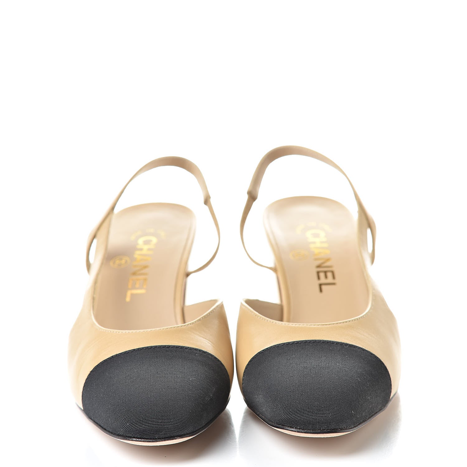 Chanel Goatskin Grosgrain Cap Toe CC Slingback Pumps 37.5 Beige Black 2 of 9