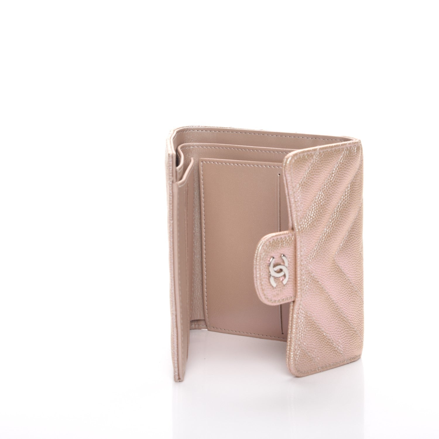 Chanel Metallic Caviar Chevron Quilted Compact Flap Wallet Light Gold 5 of 9