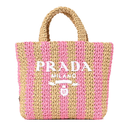 Prada Yarn Raffia Effect Crochet Striped Small Logo Tote Naturale Petalo 1 of 11