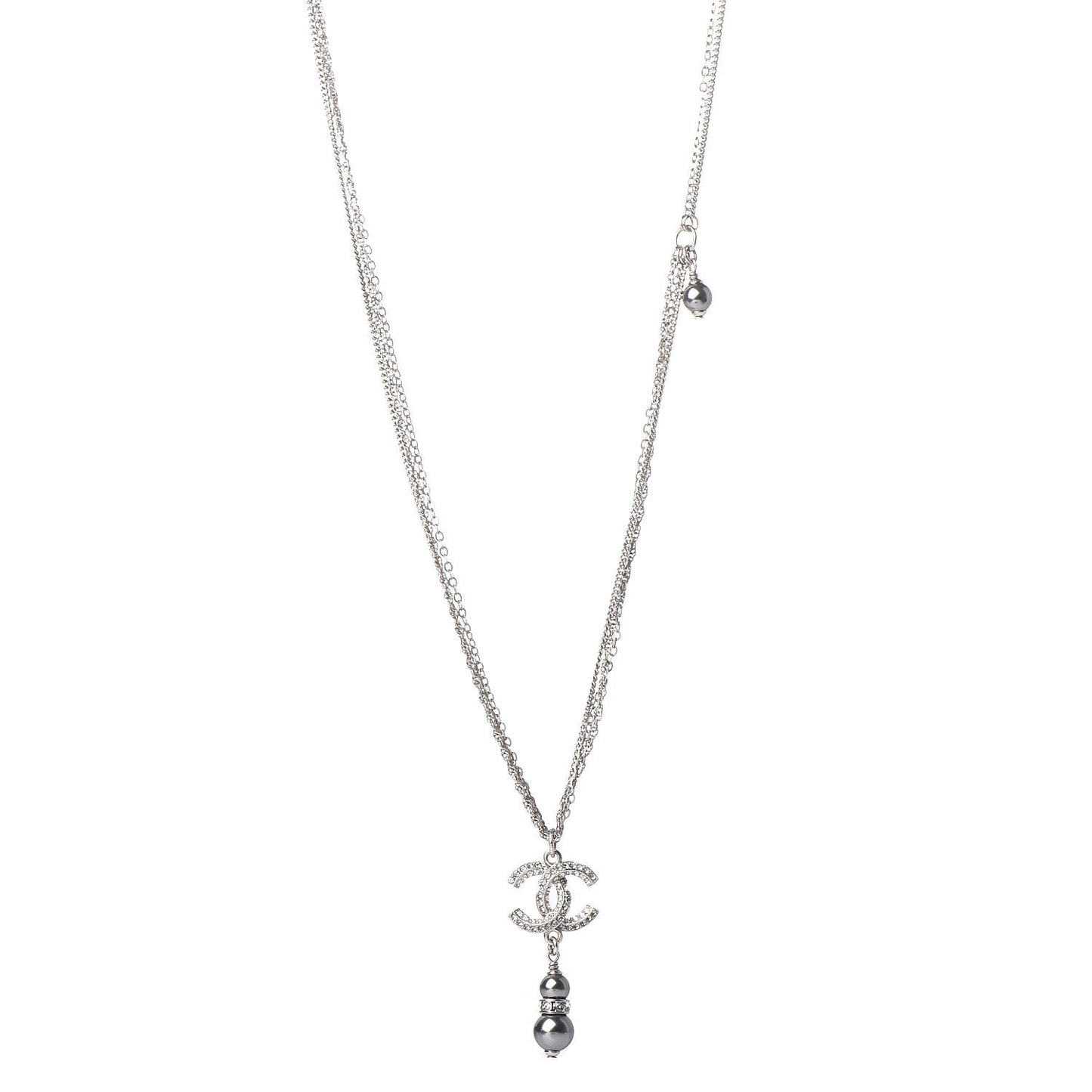 Pearl Crystal CC Drop Necklace Silver Dark Grey