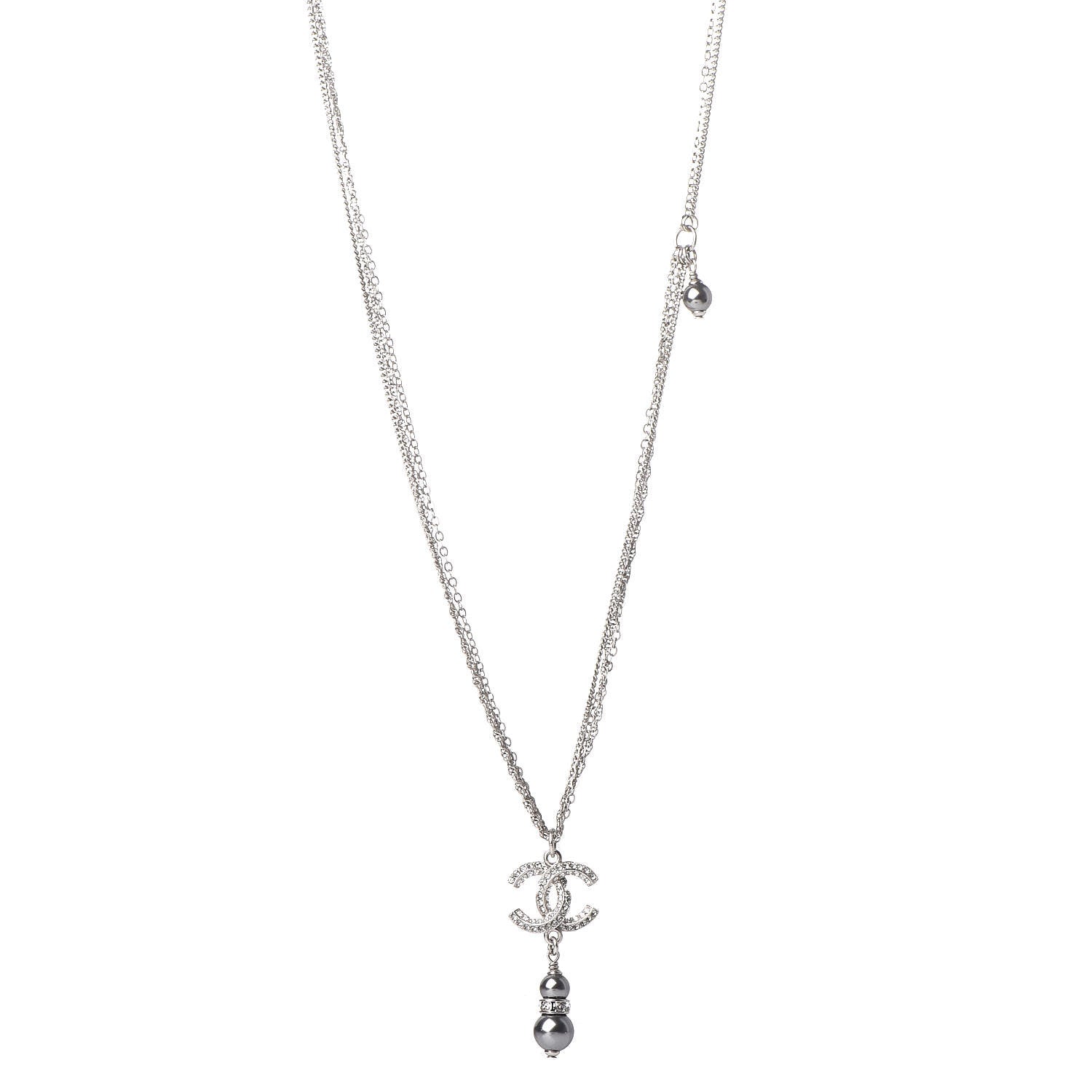 Chanel Pearl Crystal CC Drop Necklace Silver Dark Grey 1 of 6