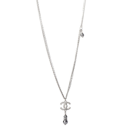 Chanel Pearl Crystal CC Drop Necklace Silver Dark Grey 1 of 6