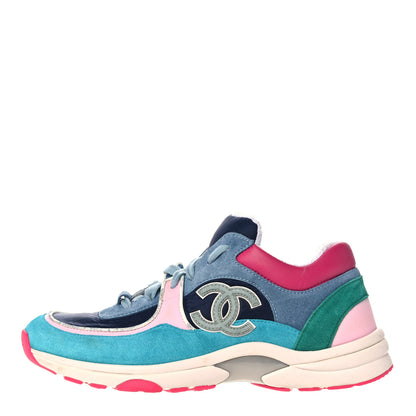 Chanel Nylon Calfskin Suede CC Sneakers 39.5 Navy Turquoise 1 of 16