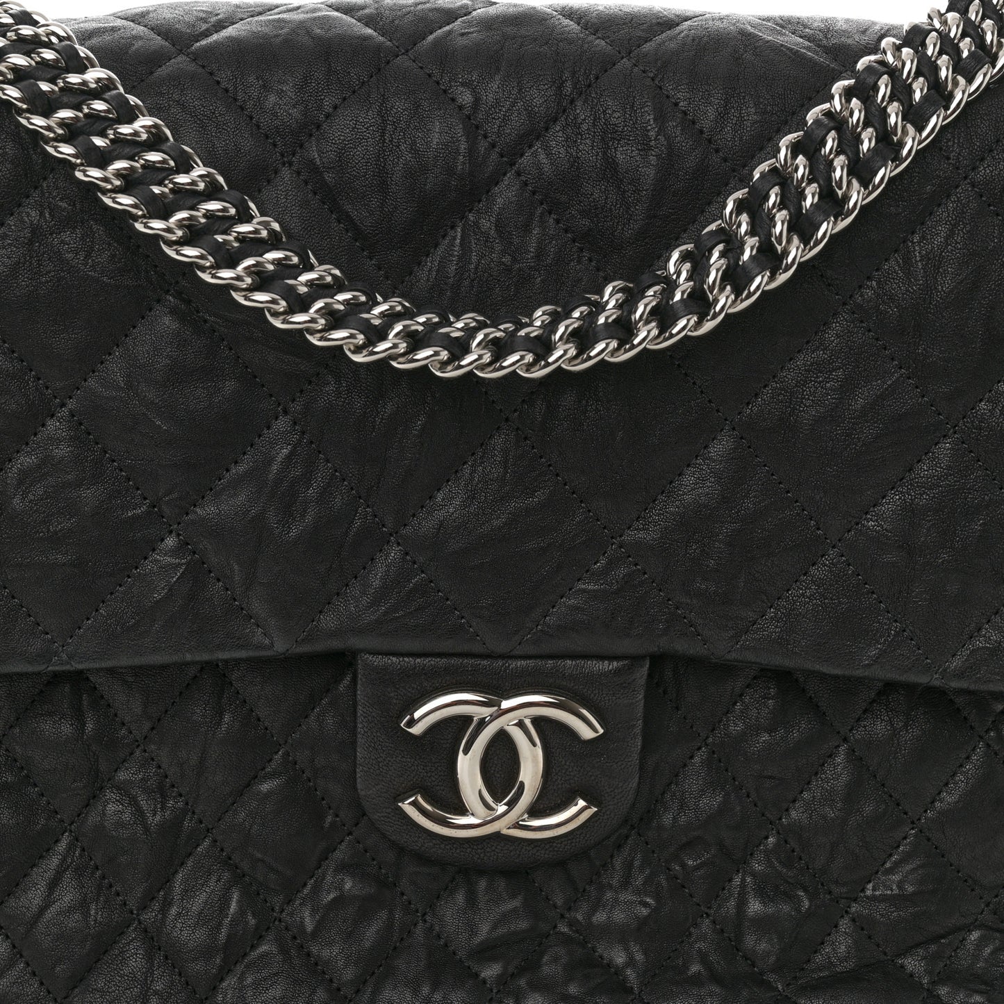 Washed Lambskin Quilted Maxi Chain Around Flap Black