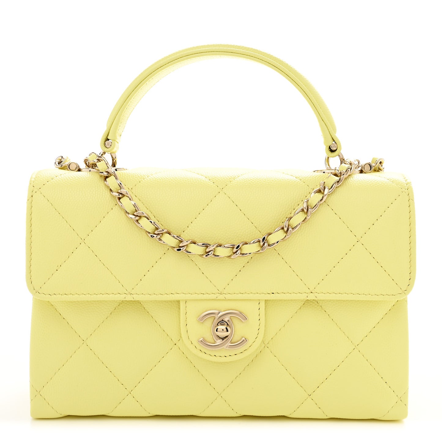Caviar Quilted Retro Mini Twist Top Handle Clutch Flap Light Yellow