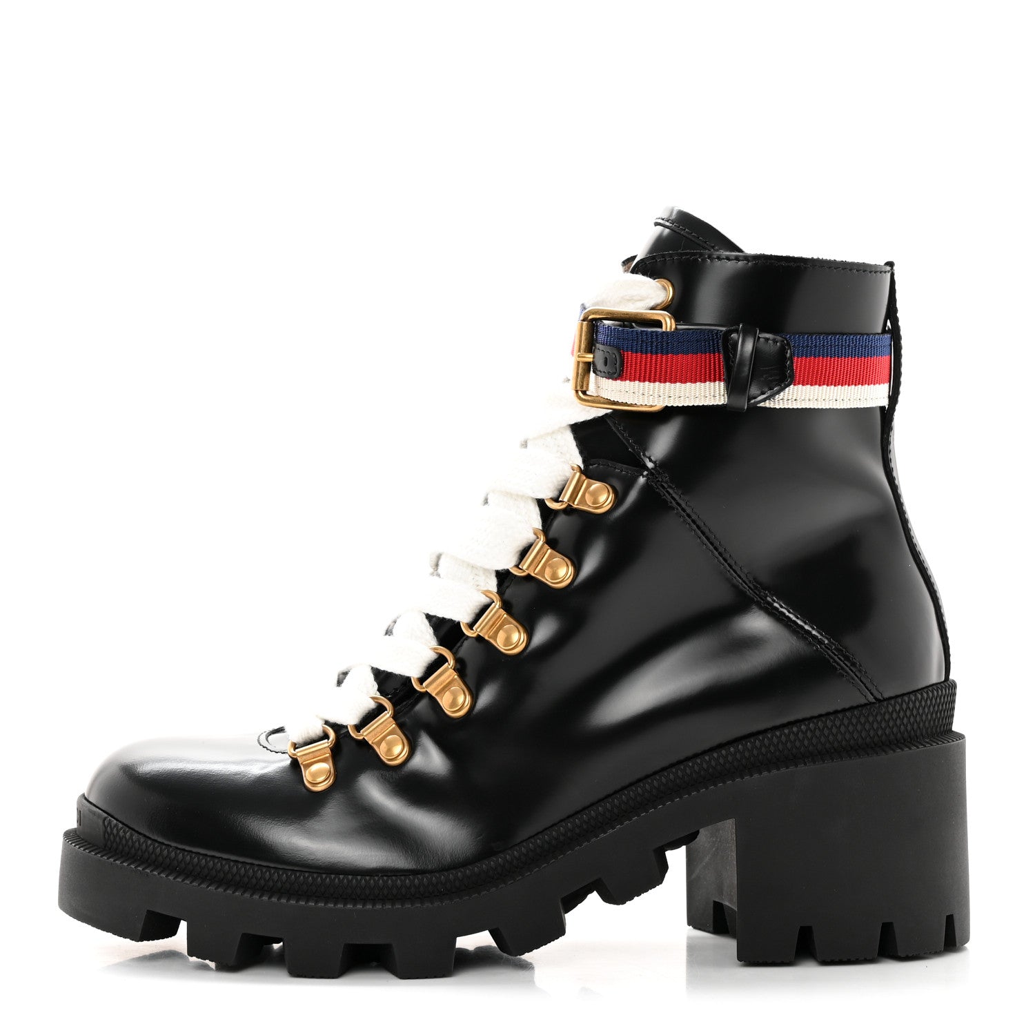 Gucci Calfskin Sylvie Web Womens Lace Up Combat Boots 36.5 Black 1 of 10
