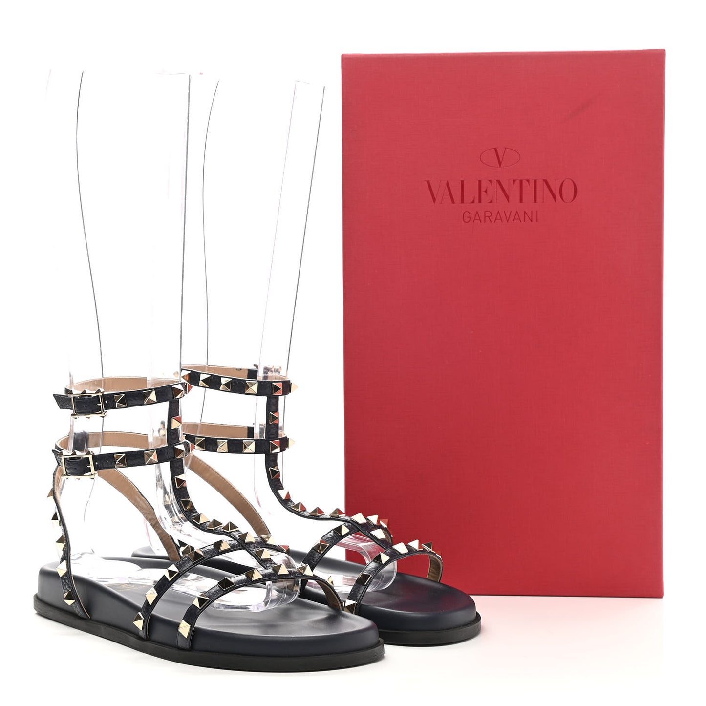 Calfskin Bedrock Rockstud Ankle Flat Sandals 40 Dark Blue