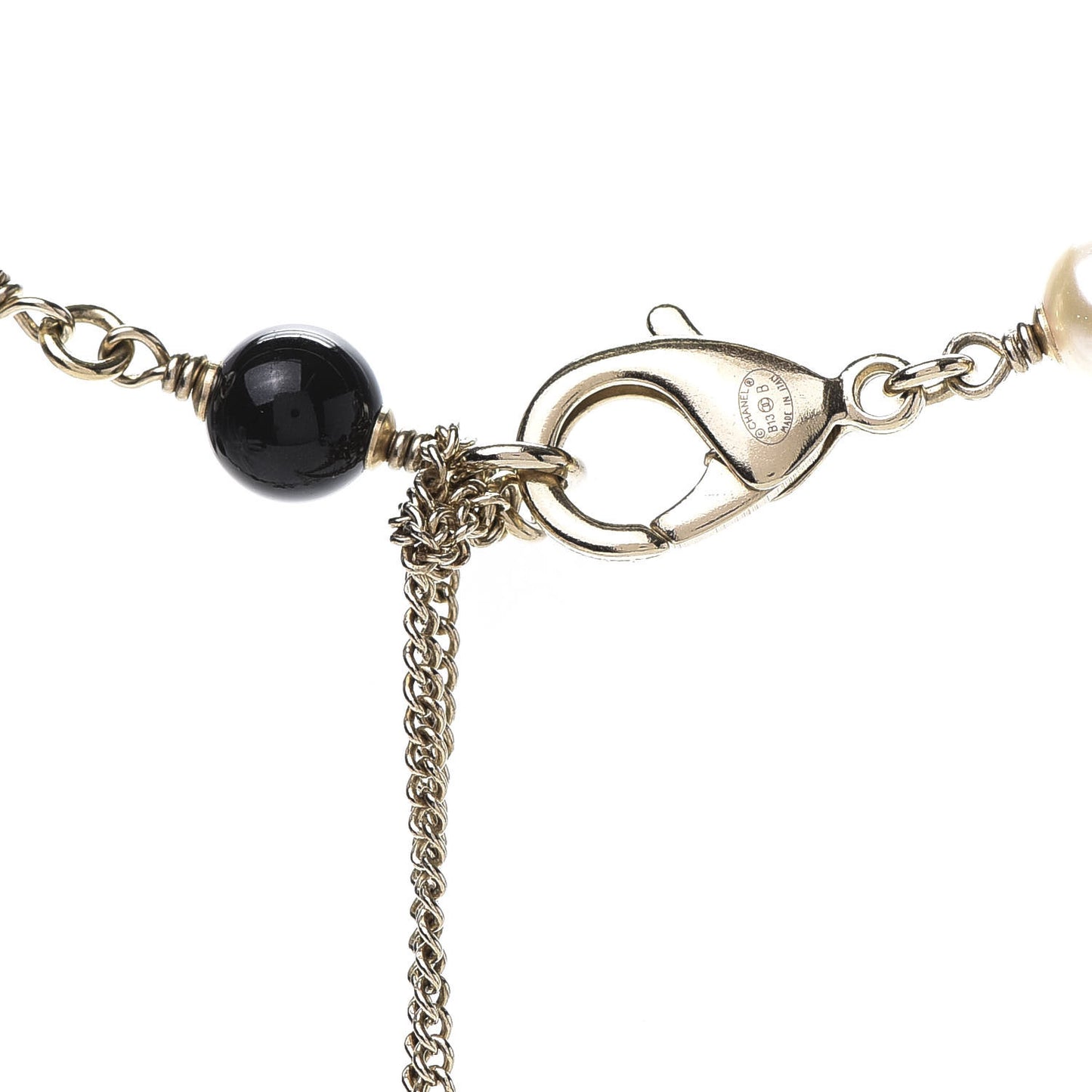 Pearl Bead Enamel CC Long Necklace Black Gold