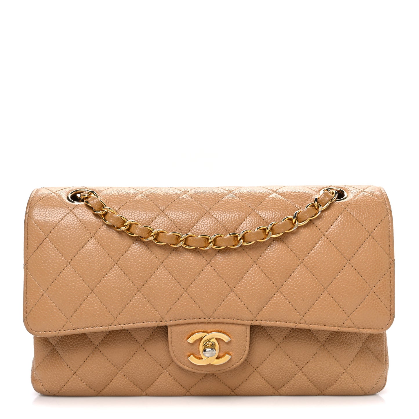 Caviar Quilted Medium Double Flap Beige