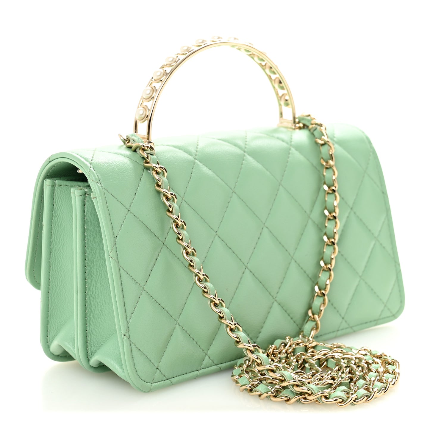 Lambskin Quilted Pearl Top Handle Clutch With Chain Light Green