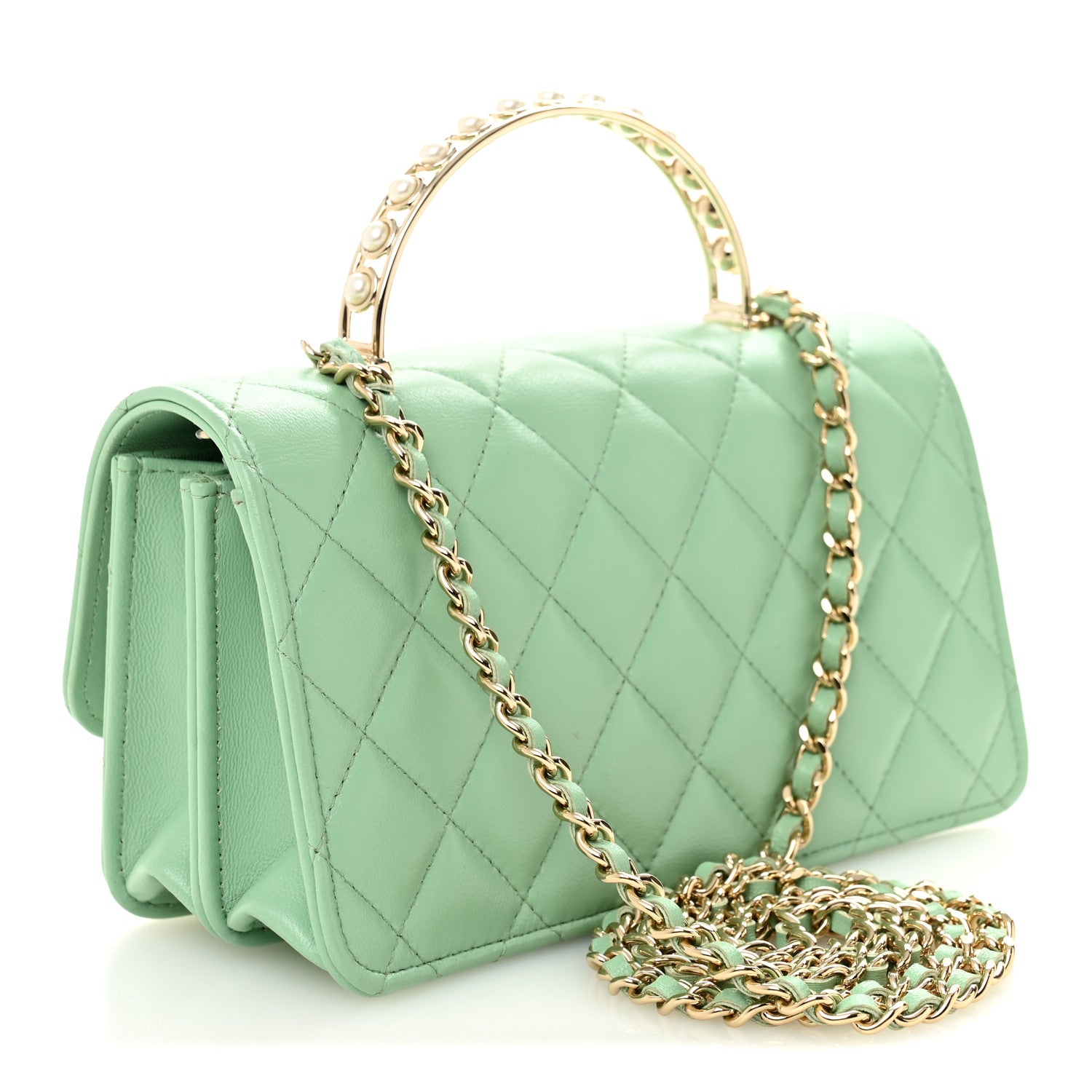 Chanel Lambskin Quilted Pearl Top Handle Clutch With Chain Light Green 3 of 12