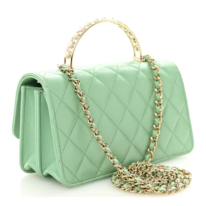 Chanel Lambskin Quilted Pearl Top Handle Clutch With Chain Light Green 3 of 12