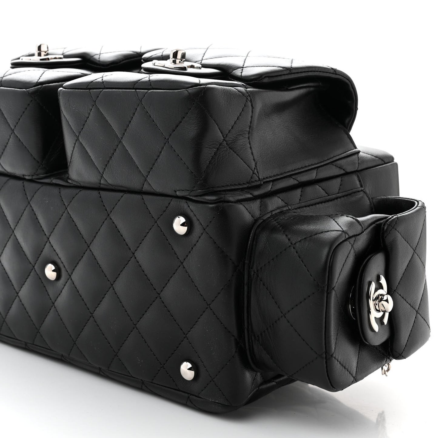 Calfskin Quilted Small Cambon Multipocket Reporter Black White