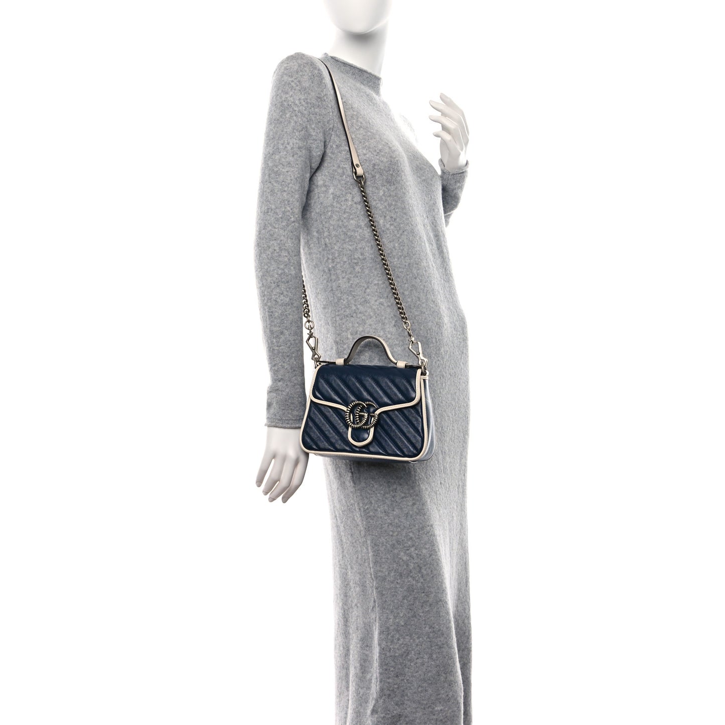 Vintage Effect Calfskin Matelasse Diagonal Mini Torchon GG Marmont Top Handle Shoulder Bag Blue Agata Mystic White