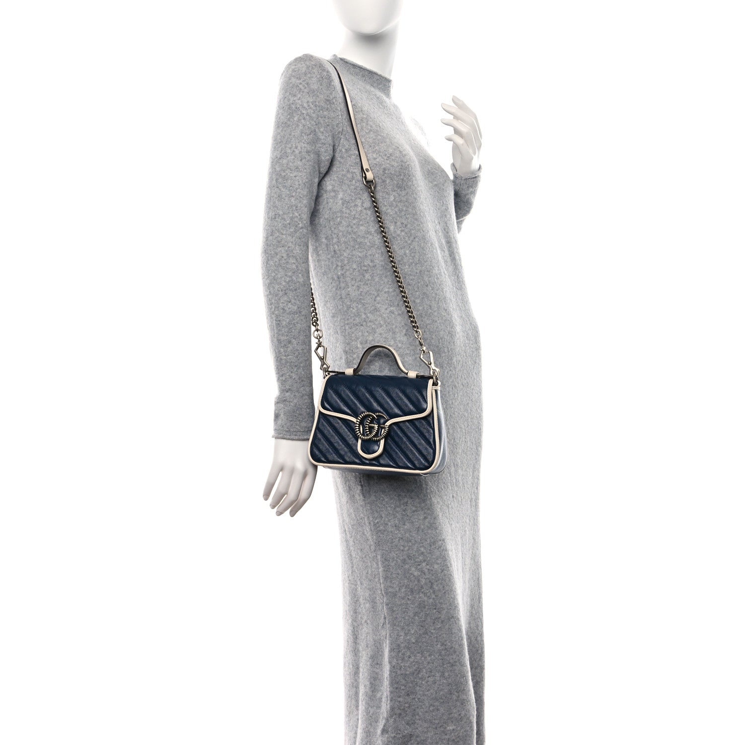 Gucci Vintage Effect Calfskin Matelasse Diagonal Mini Torchon GG Marmont Top Handle Shoulder Bag Blue Agata Mystic White 2 of 10