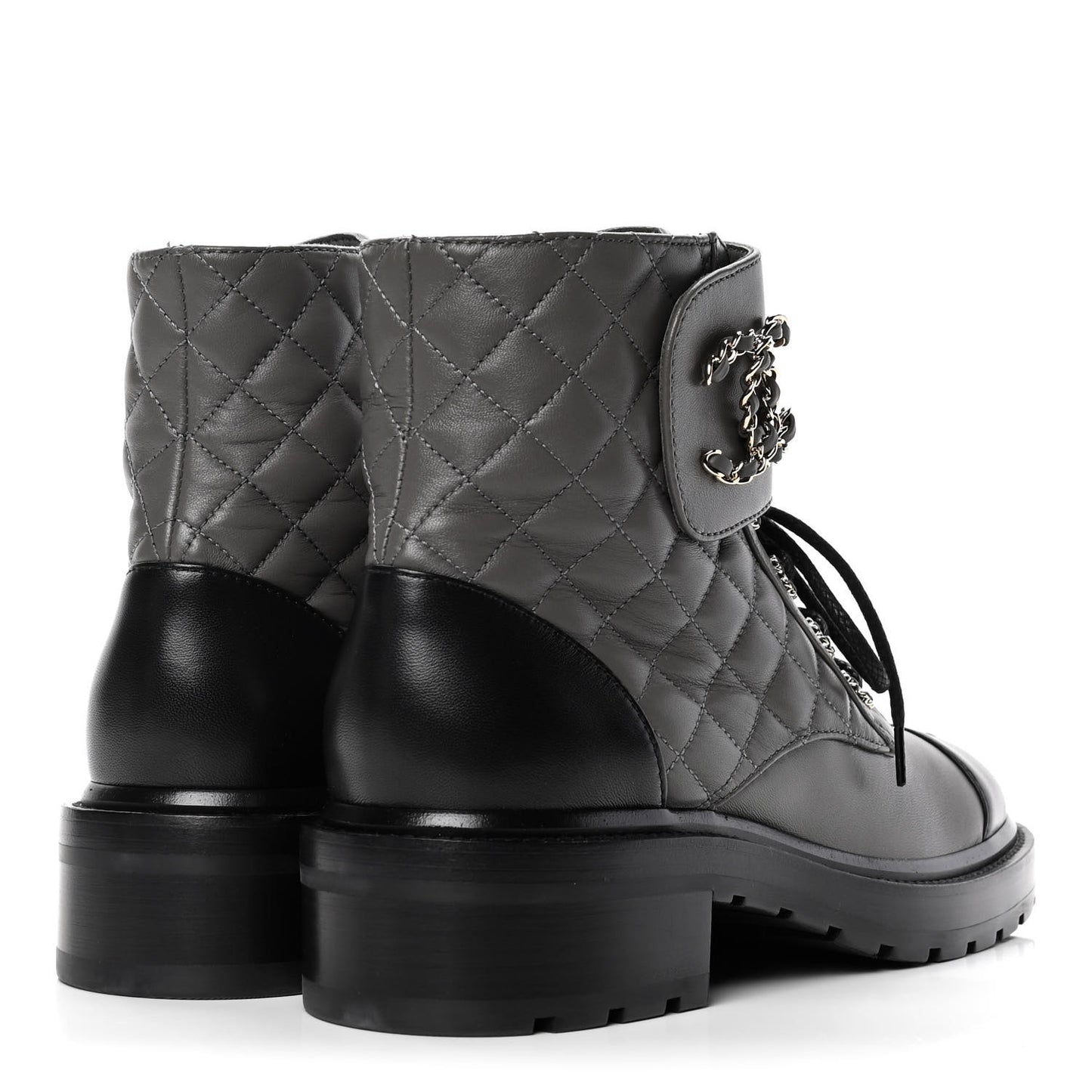 Shiny Lambskin Quilted Lace Up Combat Boots 40.5 Grey Black