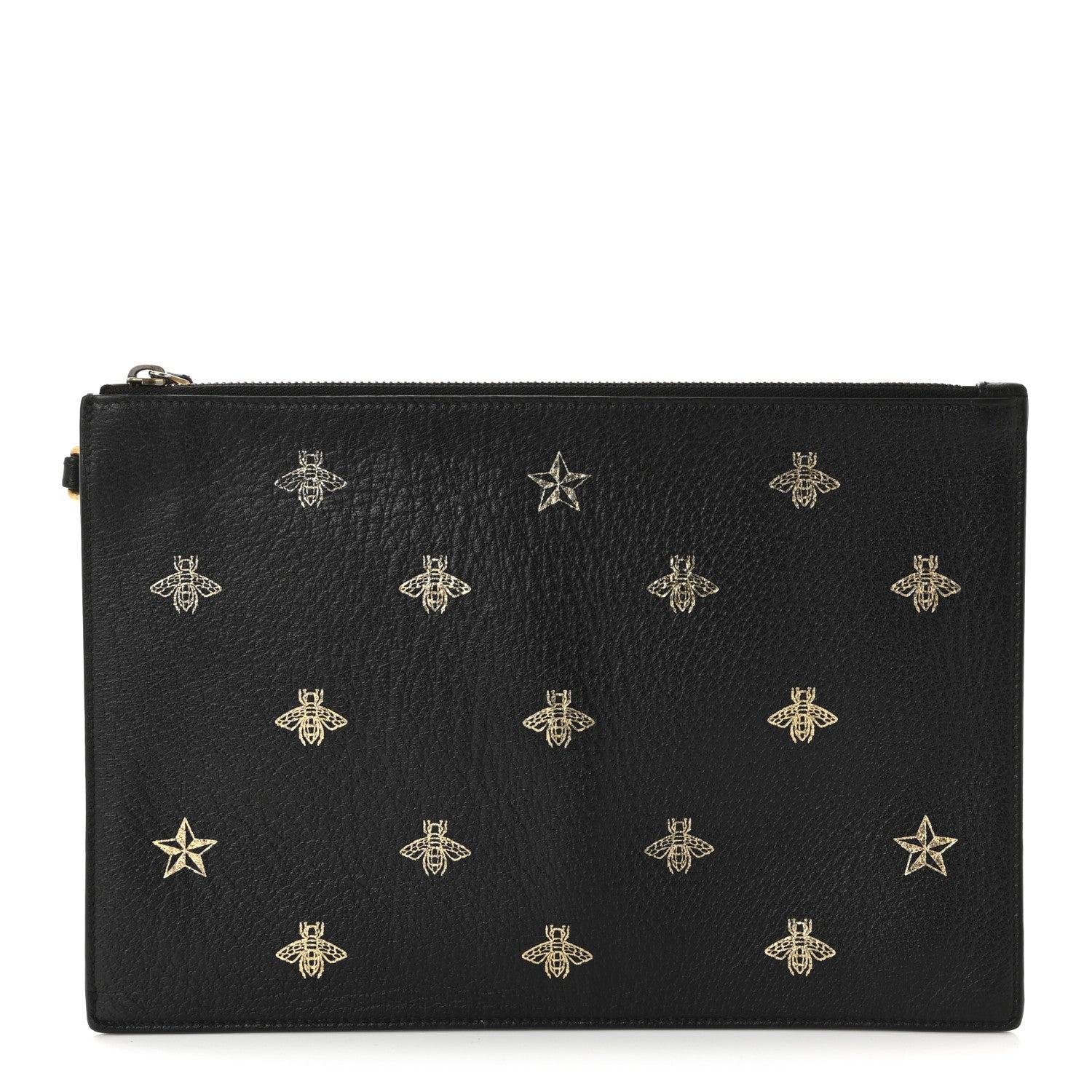 Gucci Dollar Calfskin Boar Effect Bee Star Zip Wristlet Pouch Black 1 of 8