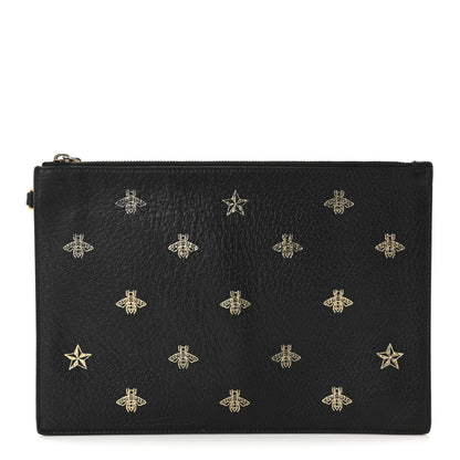 Gucci Dollar Calfskin Boar Effect Bee Star Zip Wristlet Pouch Black 1 of 8