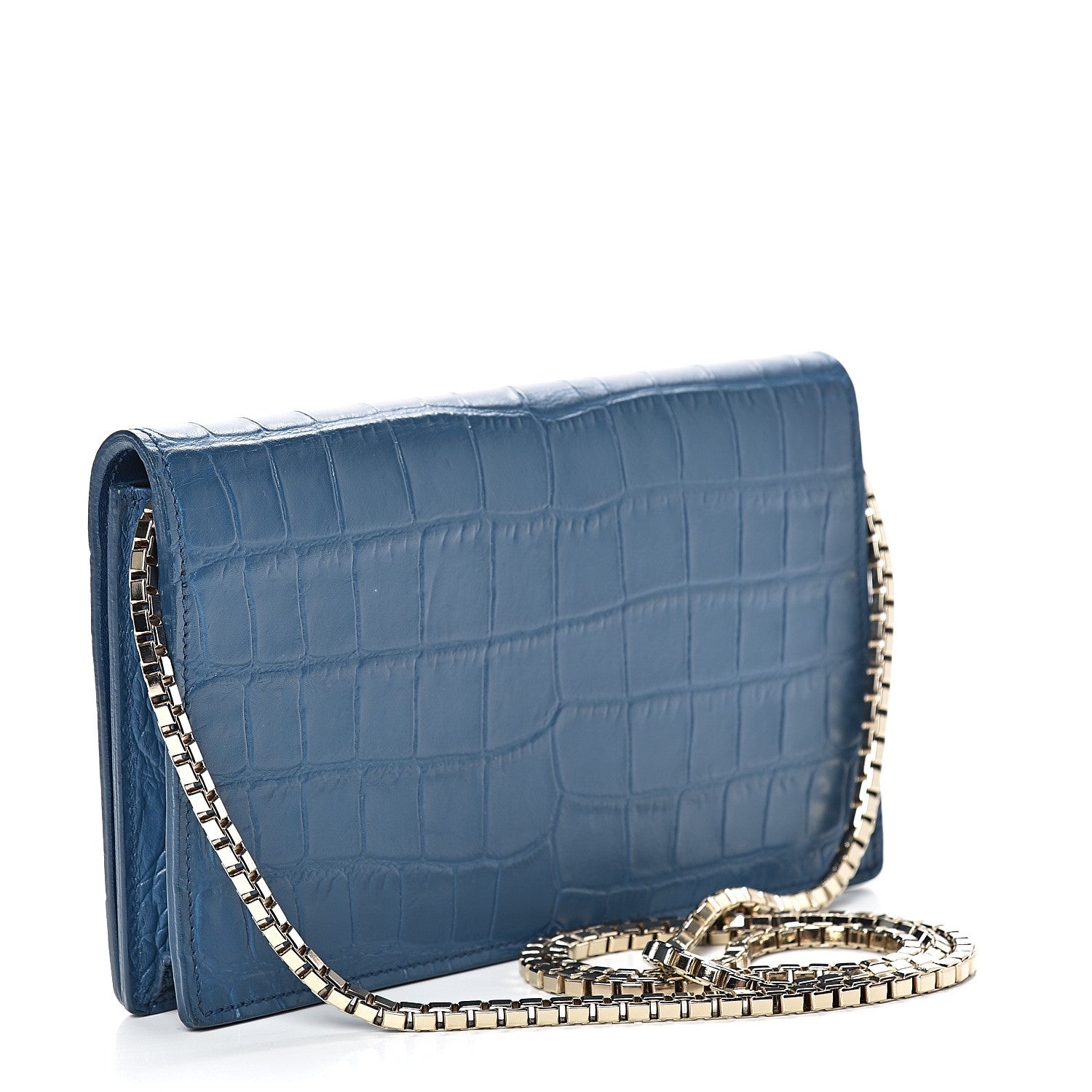 Balenciaga Calfskin Crocodile Embossed Classic Gold Hardware Wallet on Chain Bleu Marine 2 of 9