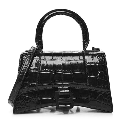 Balenciaga Shiny Calfskin Monochrome Crocodile Embossed Small Hourglass Top Handle Bag Black 1 of 10
