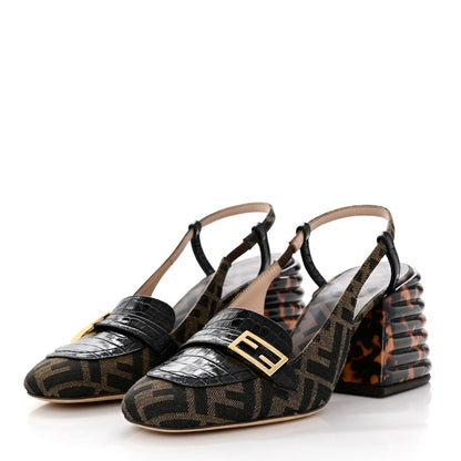 Fendi Calfskin Crocodile Embossed Promenade Slingback Loafer Pumps 38 Black Dark Brown Tobacco 3 of 8