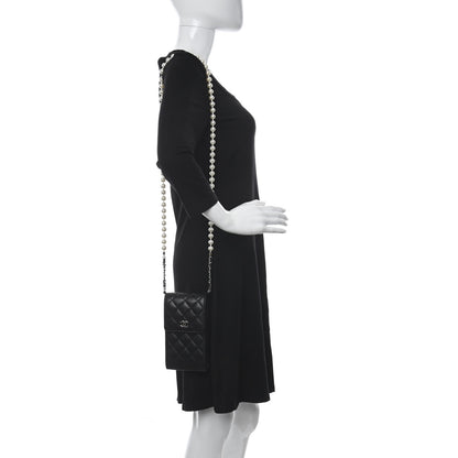 Chanel Lambskin Quilted Pearl Phone Holder With Chain Black 2 of 11