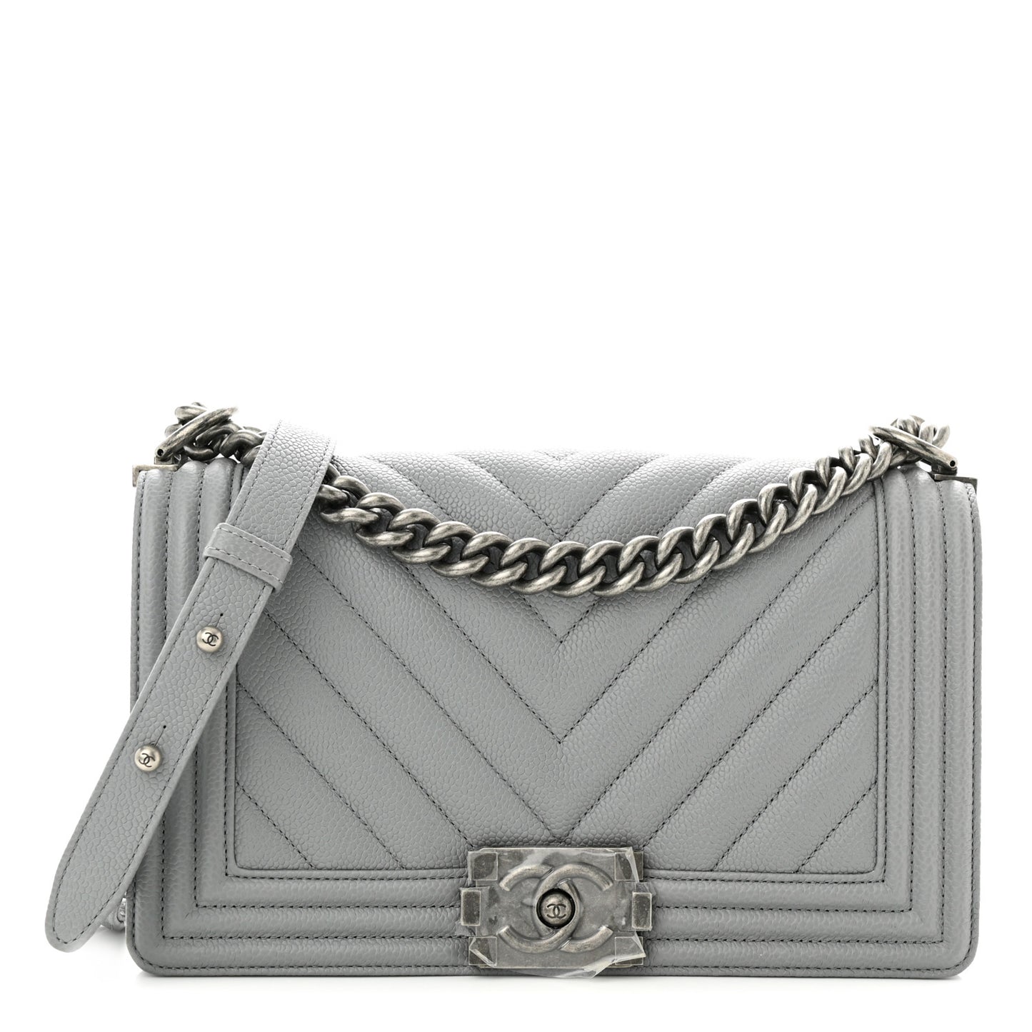 Caviar Chevron Quilted Medium Boy Flap Grey