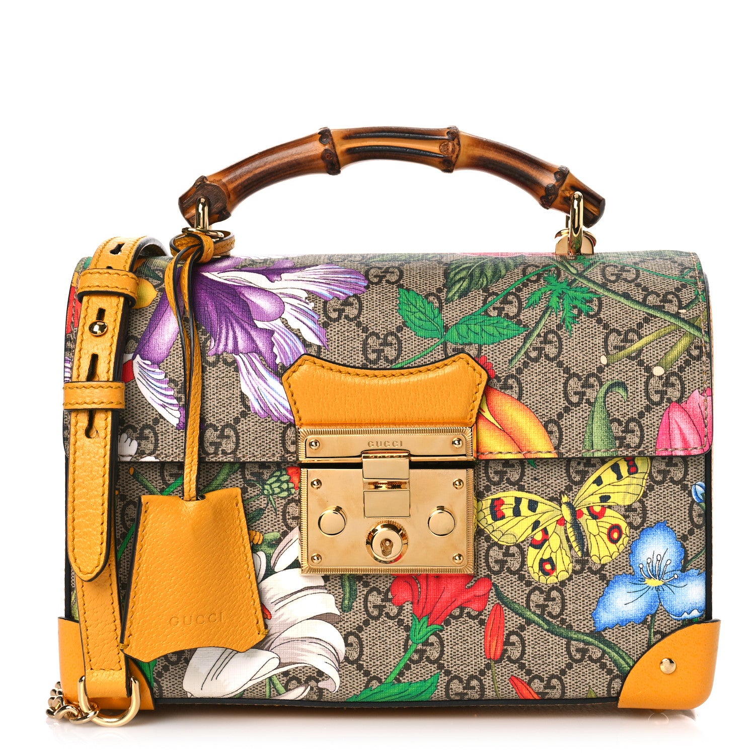 Gucci GG Supreme Monogram Flora Small Padlock Bamboo Shoulder Bag Beige Multicolor Crop 1 of 9