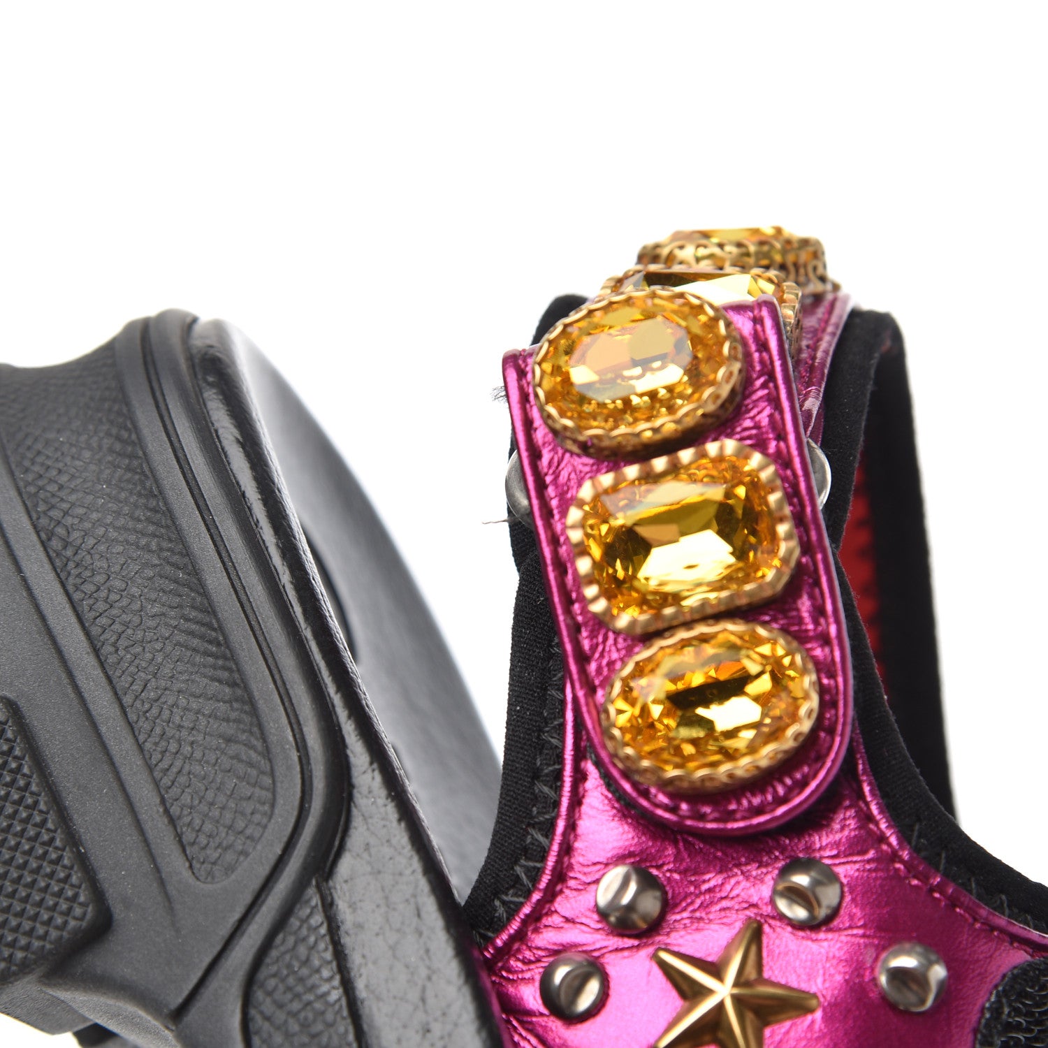 Gucci Nappa Mesh Crystal Embellished Studded Womens Aguru Sandals 37 Pink Black 11 of 15