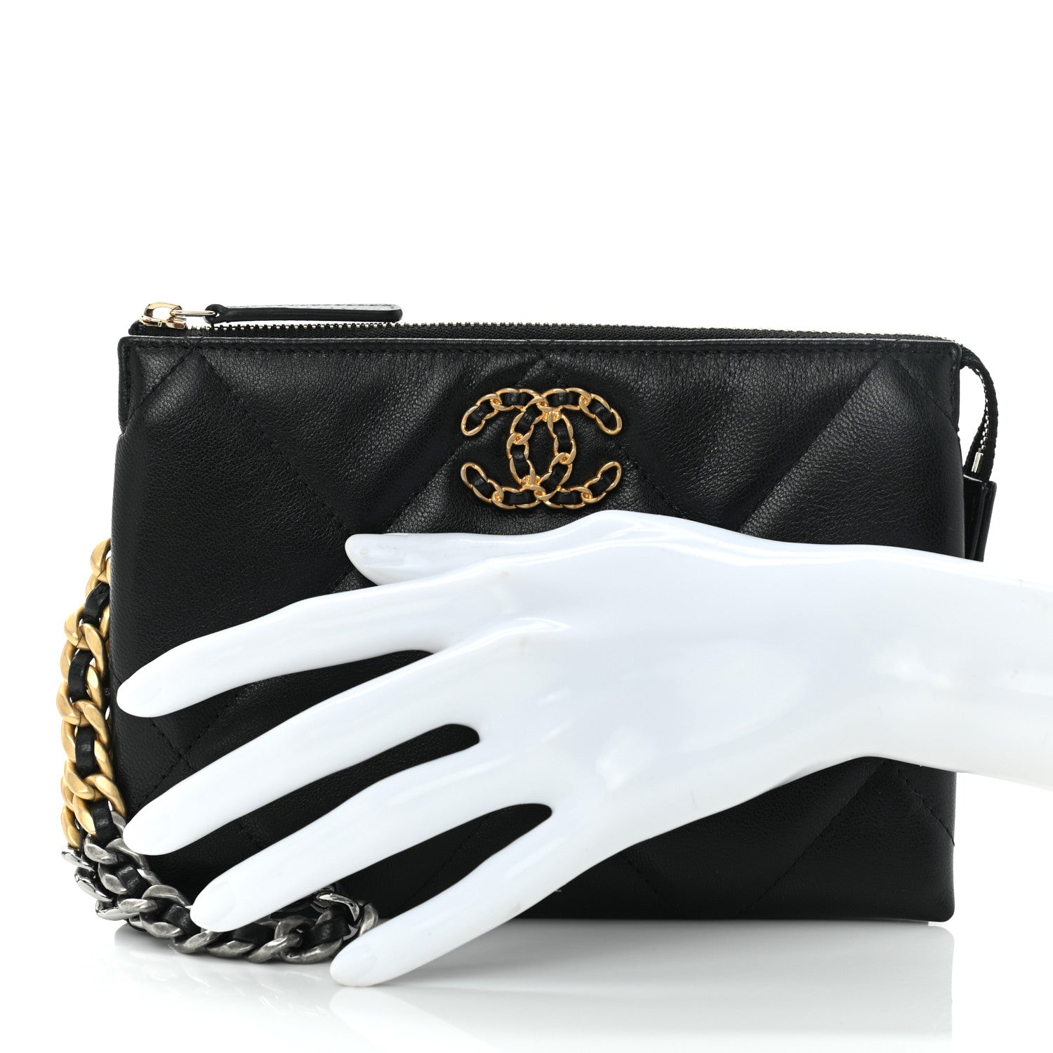 Chanel Shiny Goatskin Quilted Small Chanel 19 Pouch With Handle Black 2 of 9