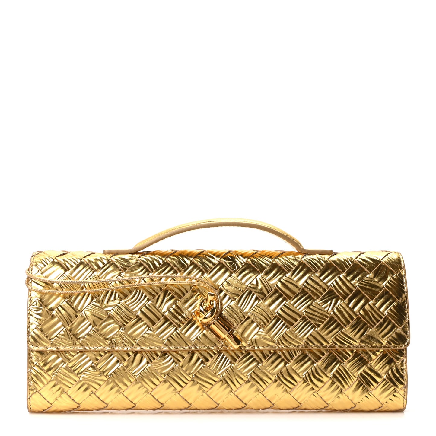 Metallic Satin Lambskin Intrecciato Long Andiamo Top Handle Clutch Gold