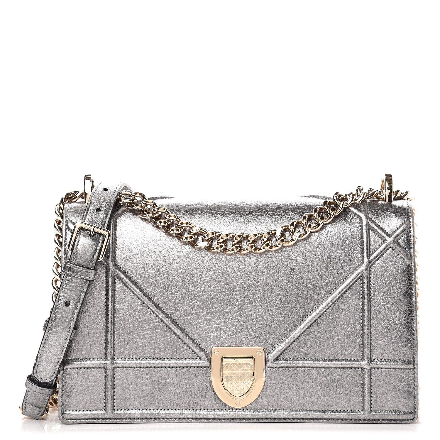 Christian Dior Metallic Grained Calfskin Medium Diorama Flap Bag Silver 1 of 9
