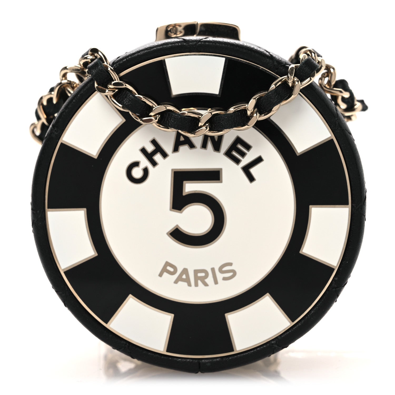 Chanel Lambskin Enamel Quilted Round Poker Chip Clutch With Chain Black White 1 of 12