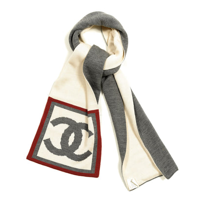 Chanel Cashmere Wool Silk CC Scarf Grey White Red 1 of 3