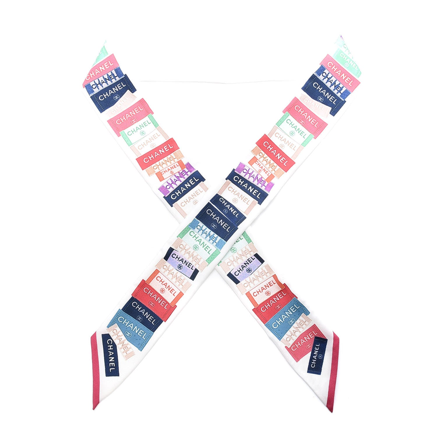 Chanel Silk Twill Slim Bandeau Scarf White Red 1 of 3