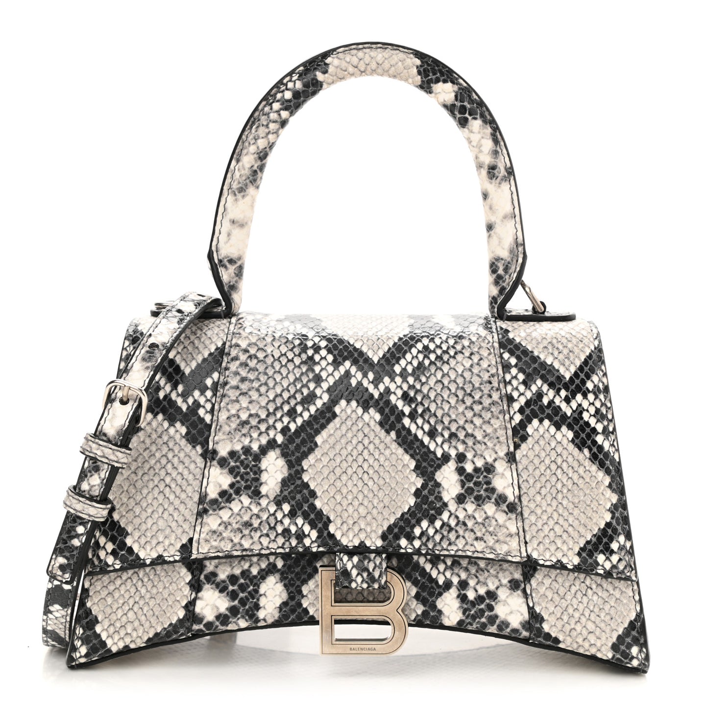 Calfskin Snake Effect Small Hourglass Top Handle Bag Black White