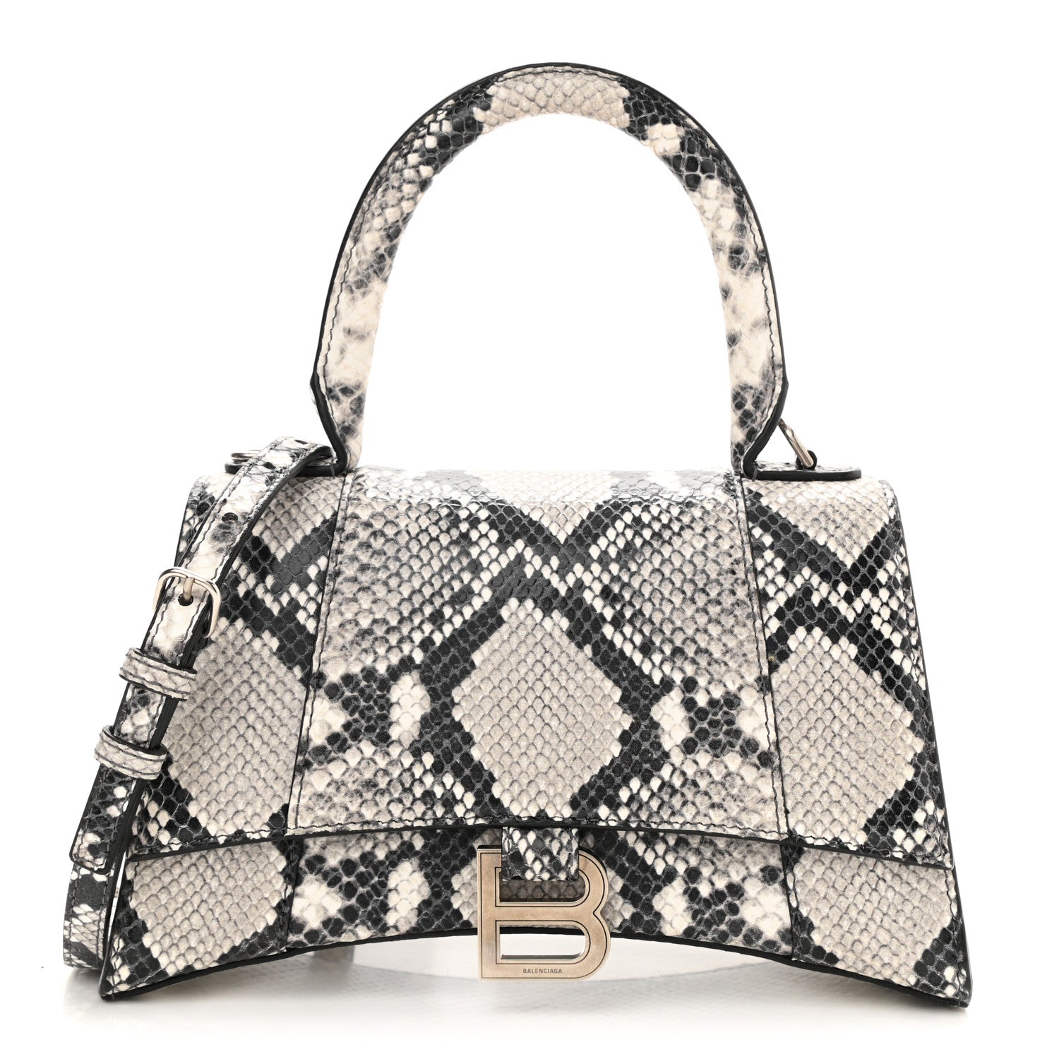 Balenciaga Calfskin Snake Effect Small Hourglass Top Handle Bag Black White 1 of 9