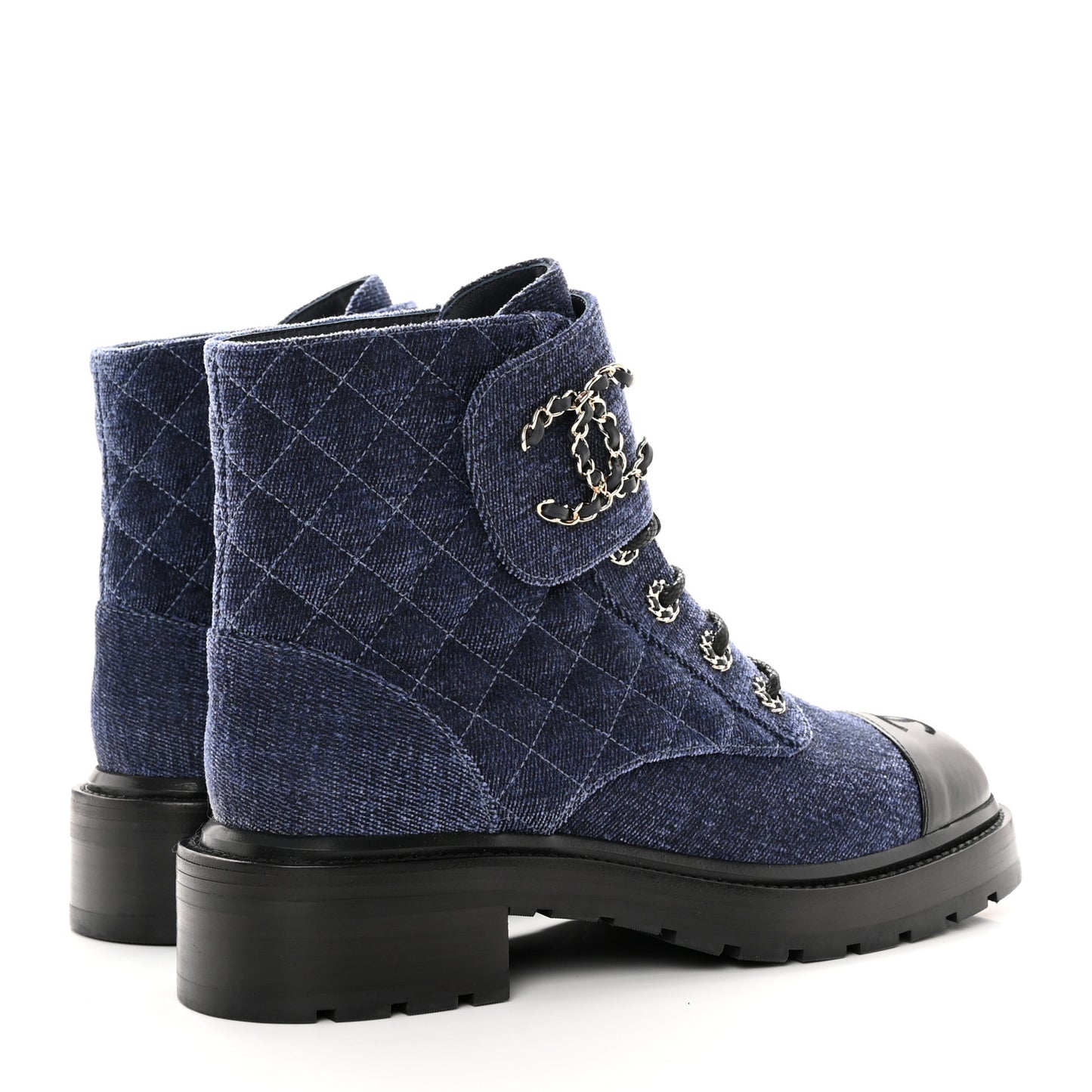 Denim Calfskin Quilted Lace Up Combat Boots 40 Blue