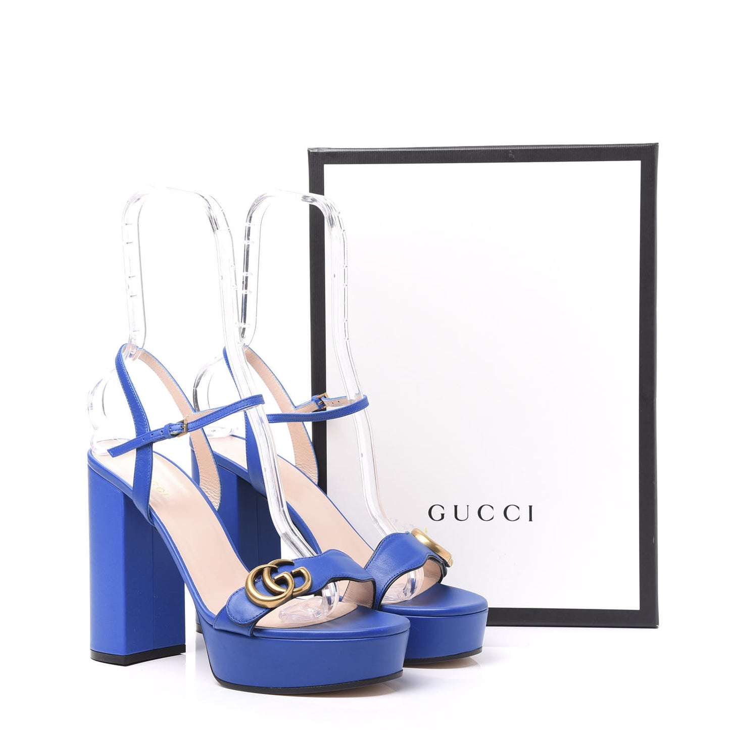 Calfskin GG Marmont Ankle Wrap 30/115mm Platform Sandals 40 Bright Blue