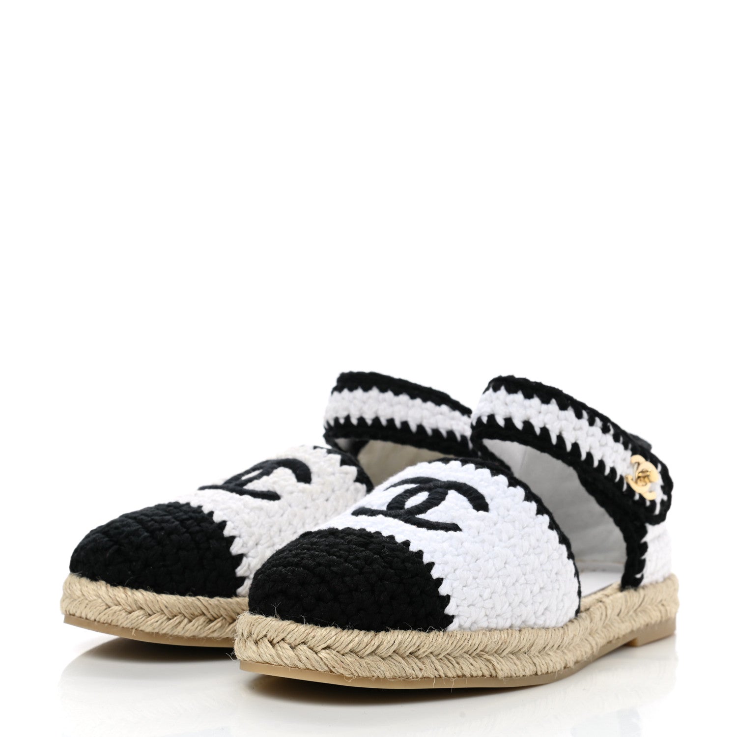 Chanel Braided Knit Cap Toe CC Ankle Strap Espadrilles 38 White Black 3 of 9
