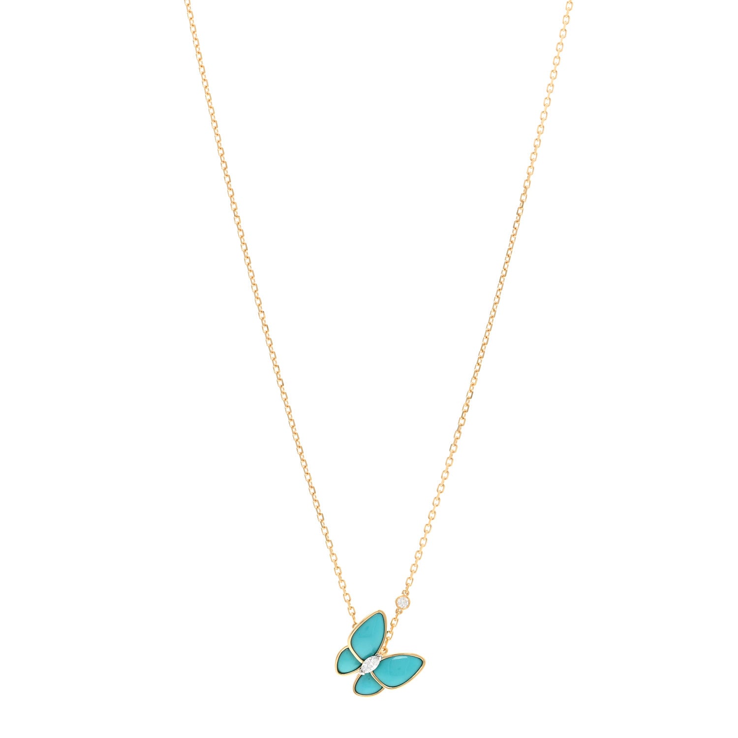 Van Cleef & Arpels 18K Yellow Gold Diamond Turquoise Two Butterfly Pendant Necklace 1 of 6
